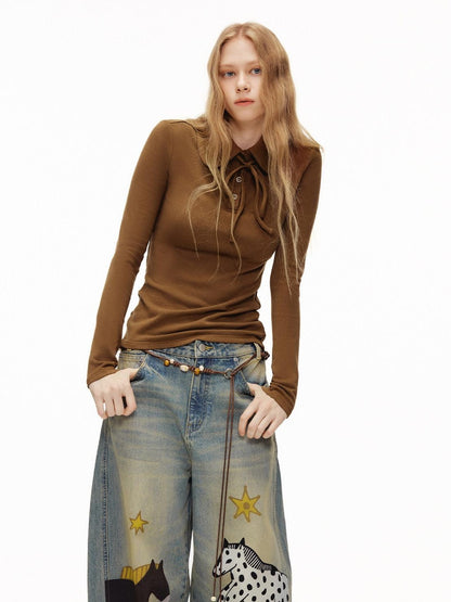 OuttheBlue Viscose Wool Stretch Slim Fit Henley Neck Women Cocoa Long Sleeve T-Shirts