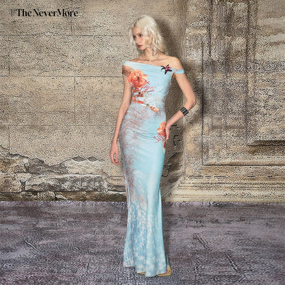 The NeverMore Elegant High Waist One Shoulder Mermaid Stretch Polyester Vacation Maxi Dresses