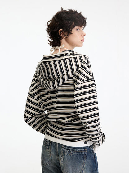 RUN TO THE FUTURE Soft Stretch Cotton Hooded Zip Striped Casual Women Knit Cardigans