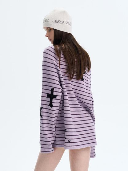 The NeverMore Sexy Colorblock Oversized Crewneck Short Striped Button Pullover Women Sweaters