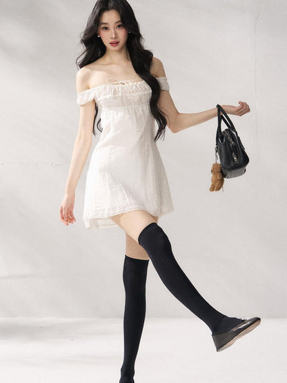 7Shiftin Cinched Tie Waist Minimalist Sleeveless A Line Women White Mini Dresses
