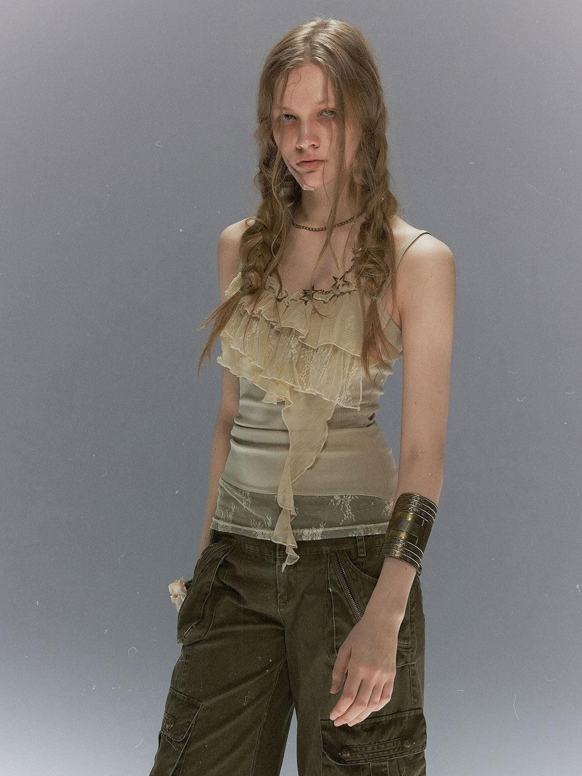 Cest Nous Leaf Tie Dye Beaded Lace V-neck Layered Ruffle Women&
