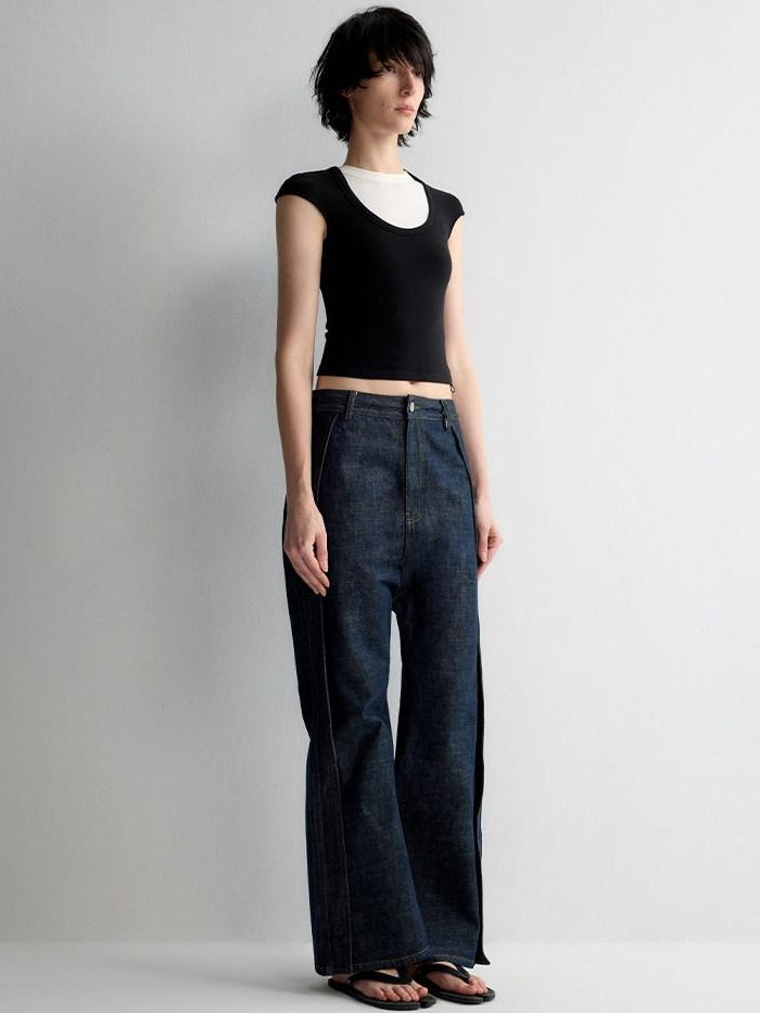 RUN TO THE FUTURE Durable Washed Casual Low Rise Wide Leg Dark Denim Flare Jeans