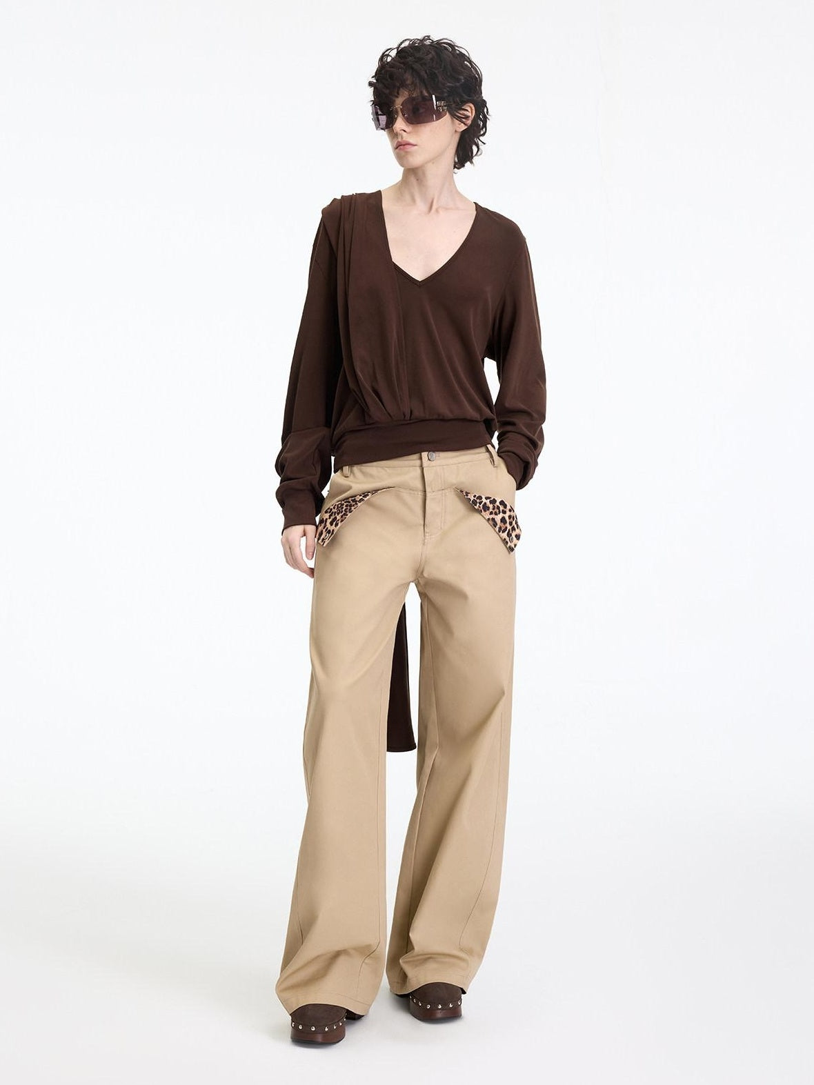 RUN TO THE FUTURE Leopard Patchwork Casual Loose Straight Leg Mid Rise Zip Fly Cotton Khaki Chinos