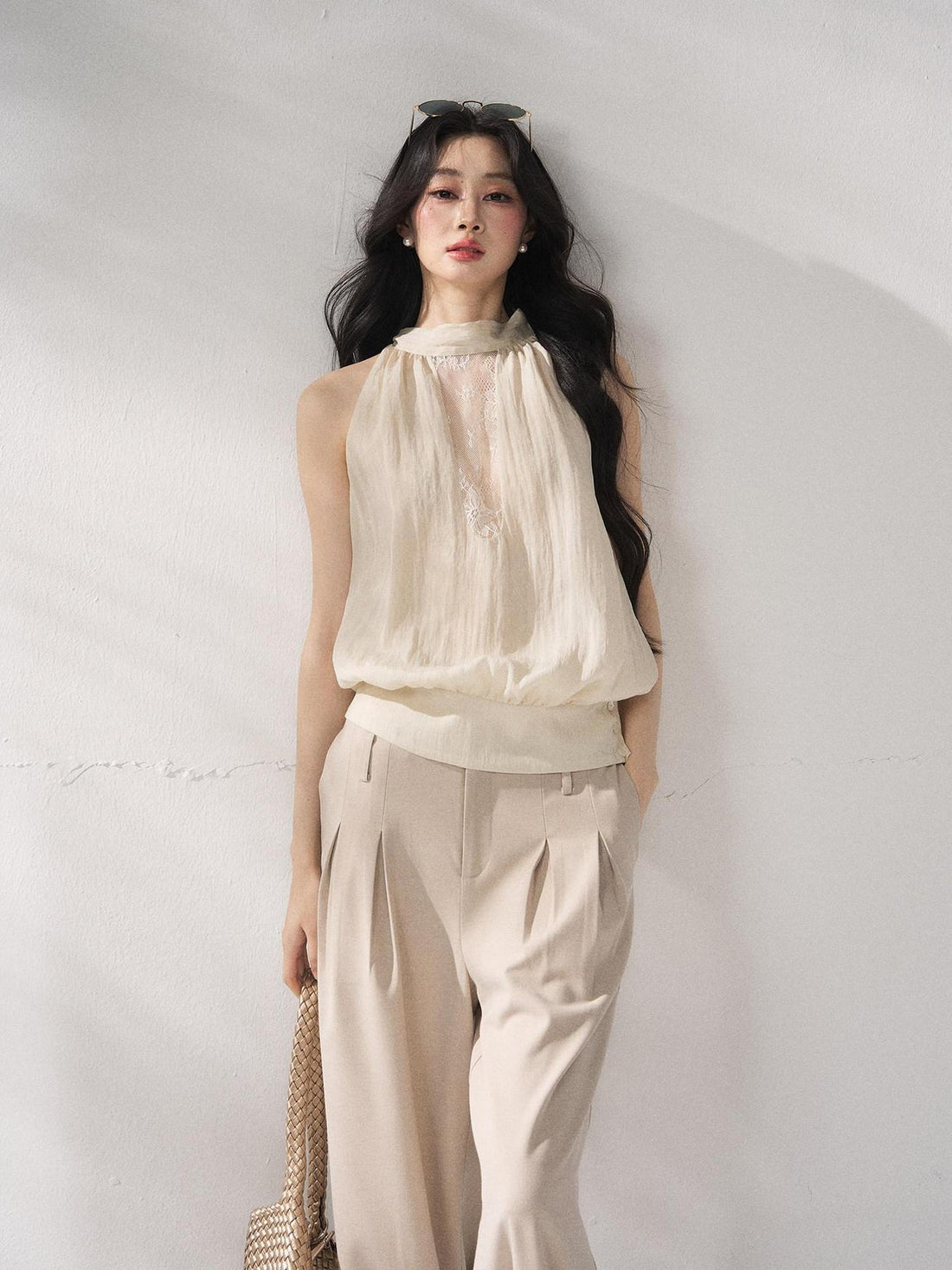 7Shiftin Soft Lyocell Loose Halter High Neck Short Beige Womens Off Shoulder Crop Tops