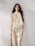 7Shiftin Soft Lyocell Loose Halter High Neck Short Beige Womens Off Shoulder Crop Tops