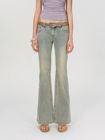The NeverMore Washed Micro Flare Low Rise Micro Stretch Cotton Blue Green Straight Leg Jeans