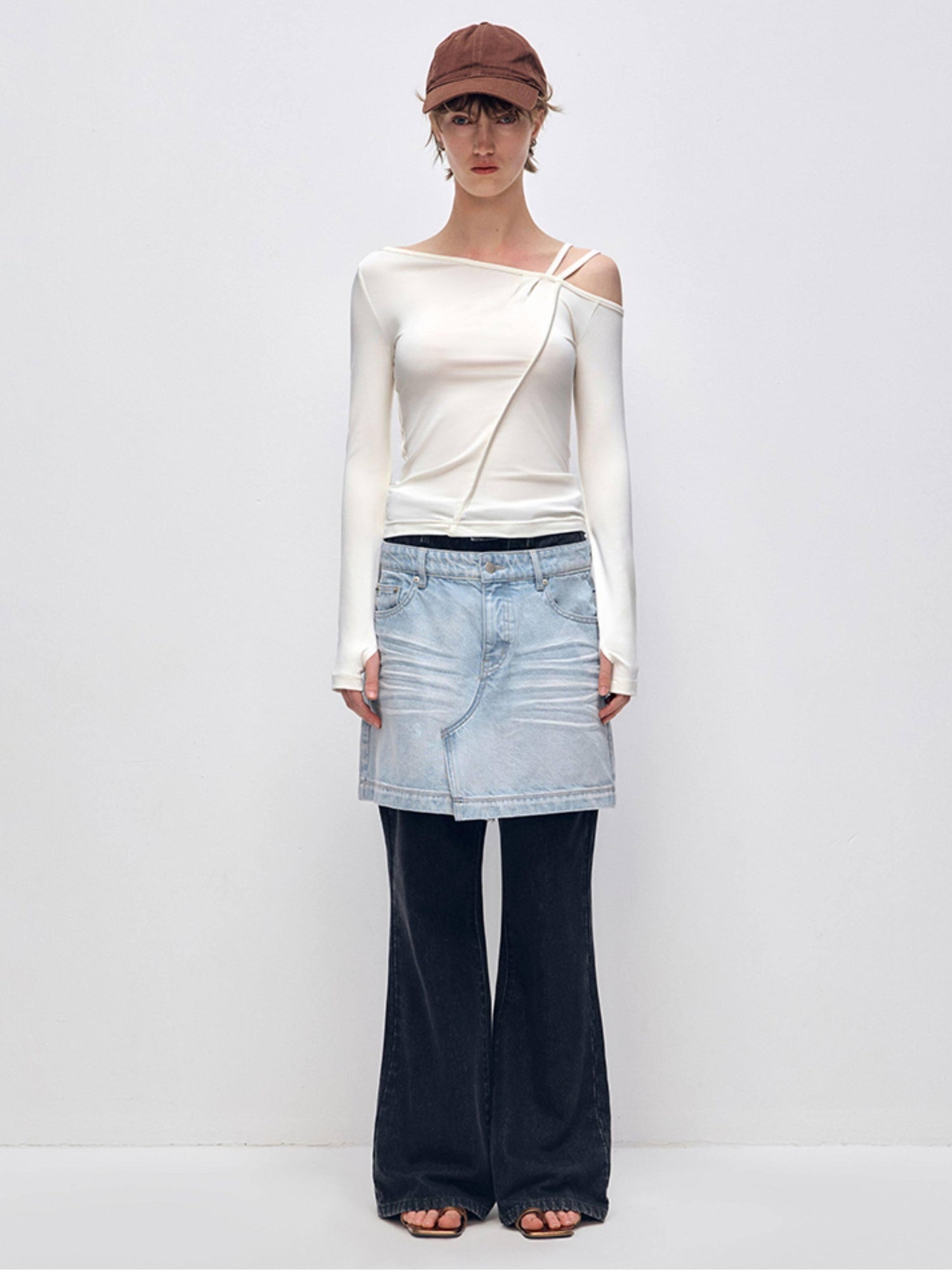 RUN TO THE FUTURE Quick Dry Modal Slim Asymmetric Neckline Cream Cropped Long Sleeve T-Shirts