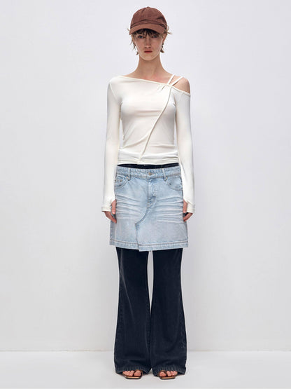 RUN TO THE FUTURE Quick Dry Modal Slim Asymmetric Neckline Cream Cropped Long Sleeve T-Shirts