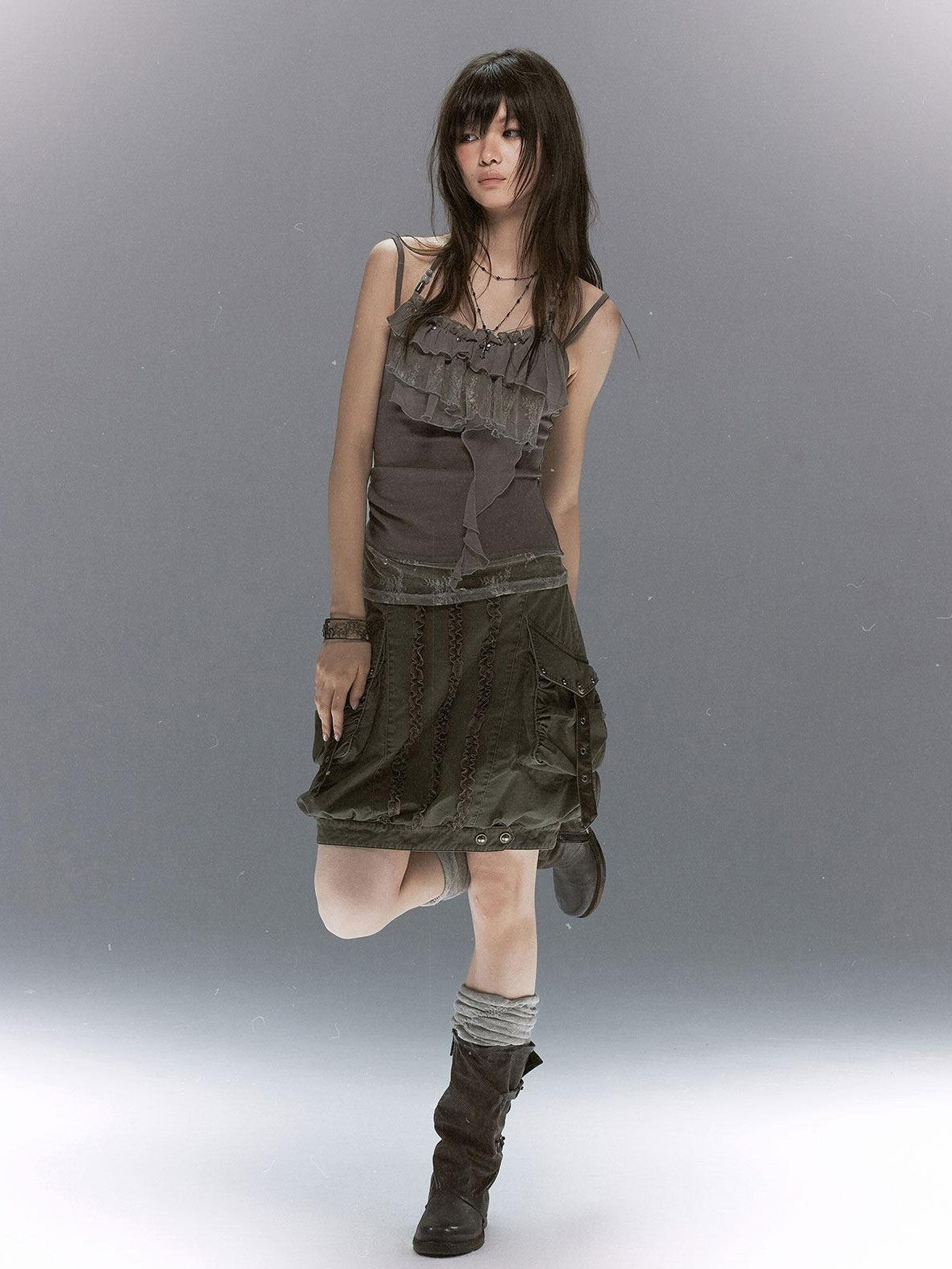 Cest Nous Leaf Tie Dye Beaded Lace V-neck Layered Ruffle Women&