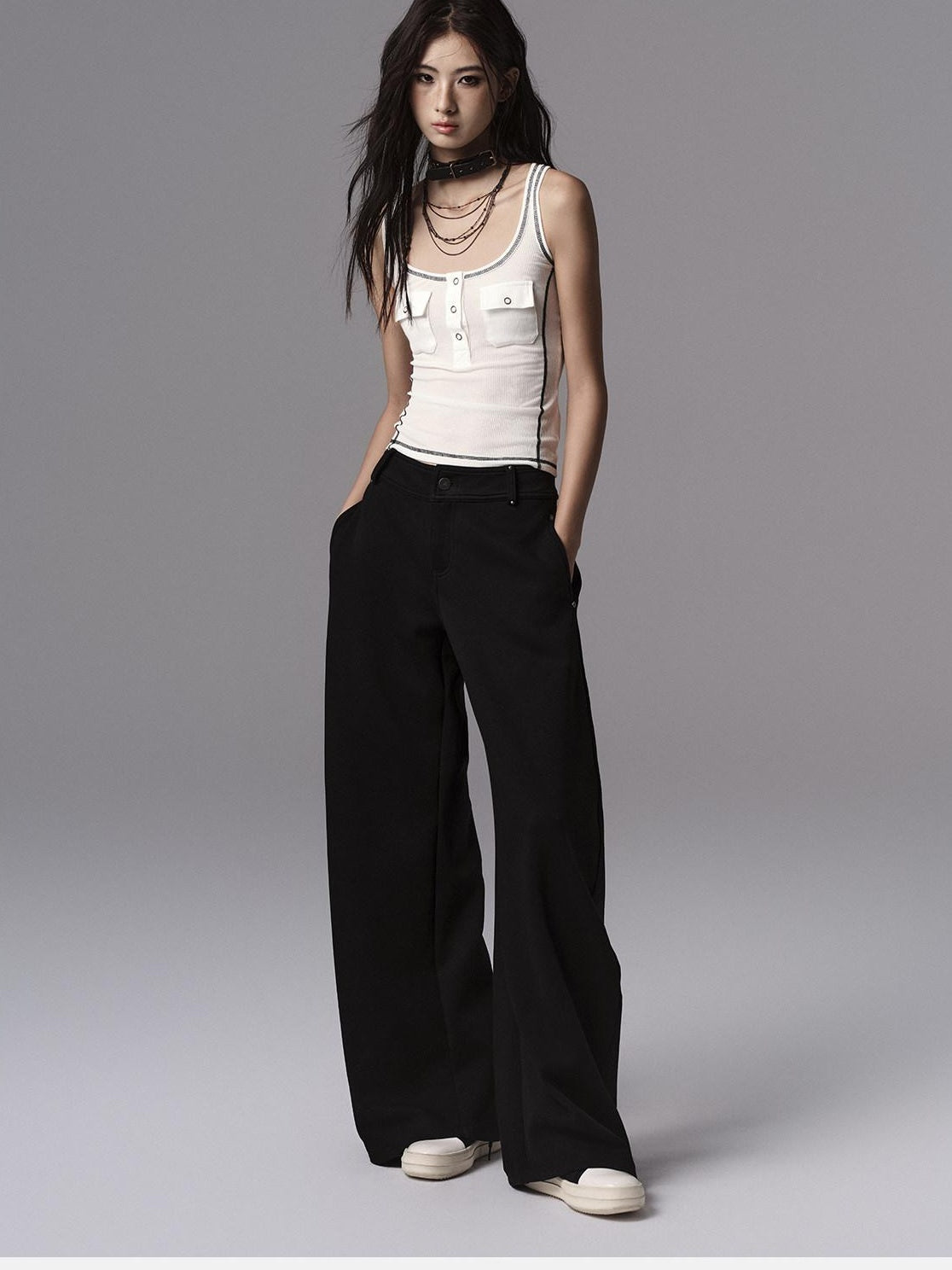 Low pixel Low Waist Dark Minimal Curved Button Fly Black Women Rayon Wide Leg Pants