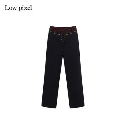Low pixel Pure Cotton Patchwork Low Waist Street Zipper Women Colorblock Straight Pants