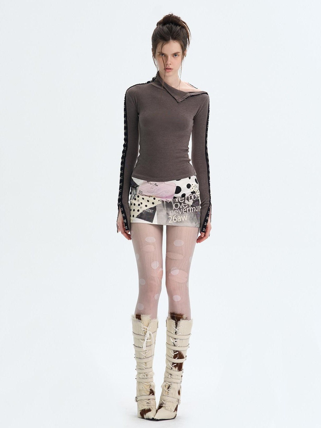 The NeverMore Brushed Viscose Spandex Sexy Slim Half Open Collar Long Sleeve Crop Tops