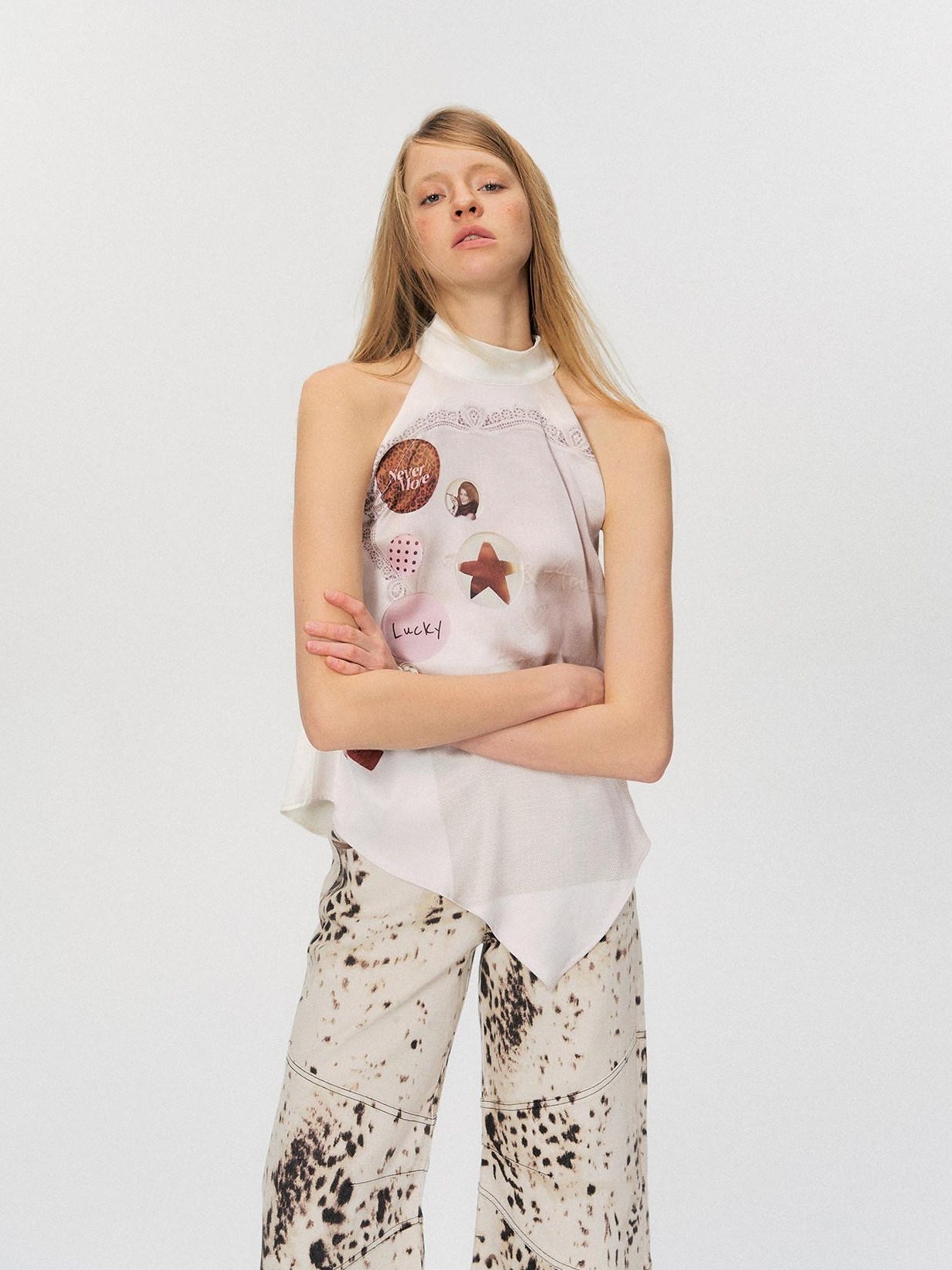 The NeverMore Silky Polyester Loose Mid Length Mock Neck Halter Women Satin Look Camisoles