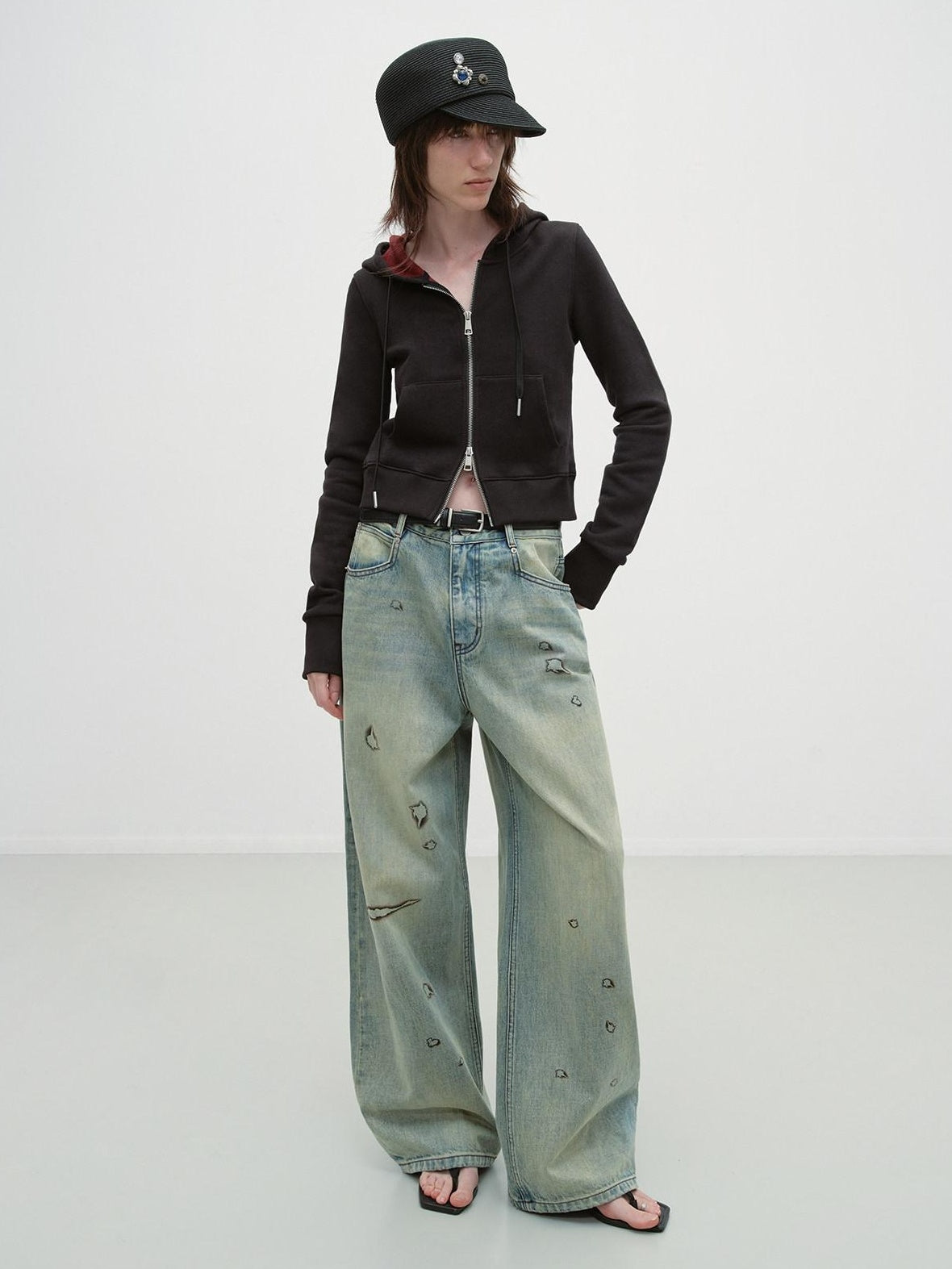 RUN TO THE FUTURE Durable Washed Low Rise Asymmetrical Vintage Unisex Printed Denim Wide-Leg Jeans