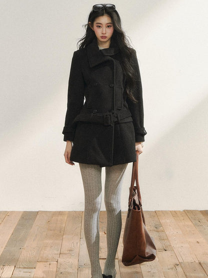 7Shiftin Detachable Wool Casual Cinched Waist Double Breasted Women Black Short Coat