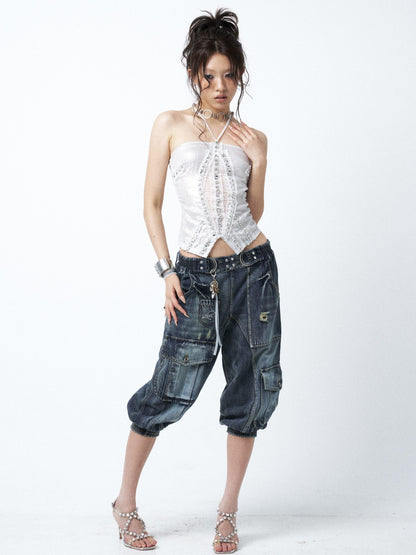 OPEN AESTHETIC Waterwashed Distressed Rhinestone Women&