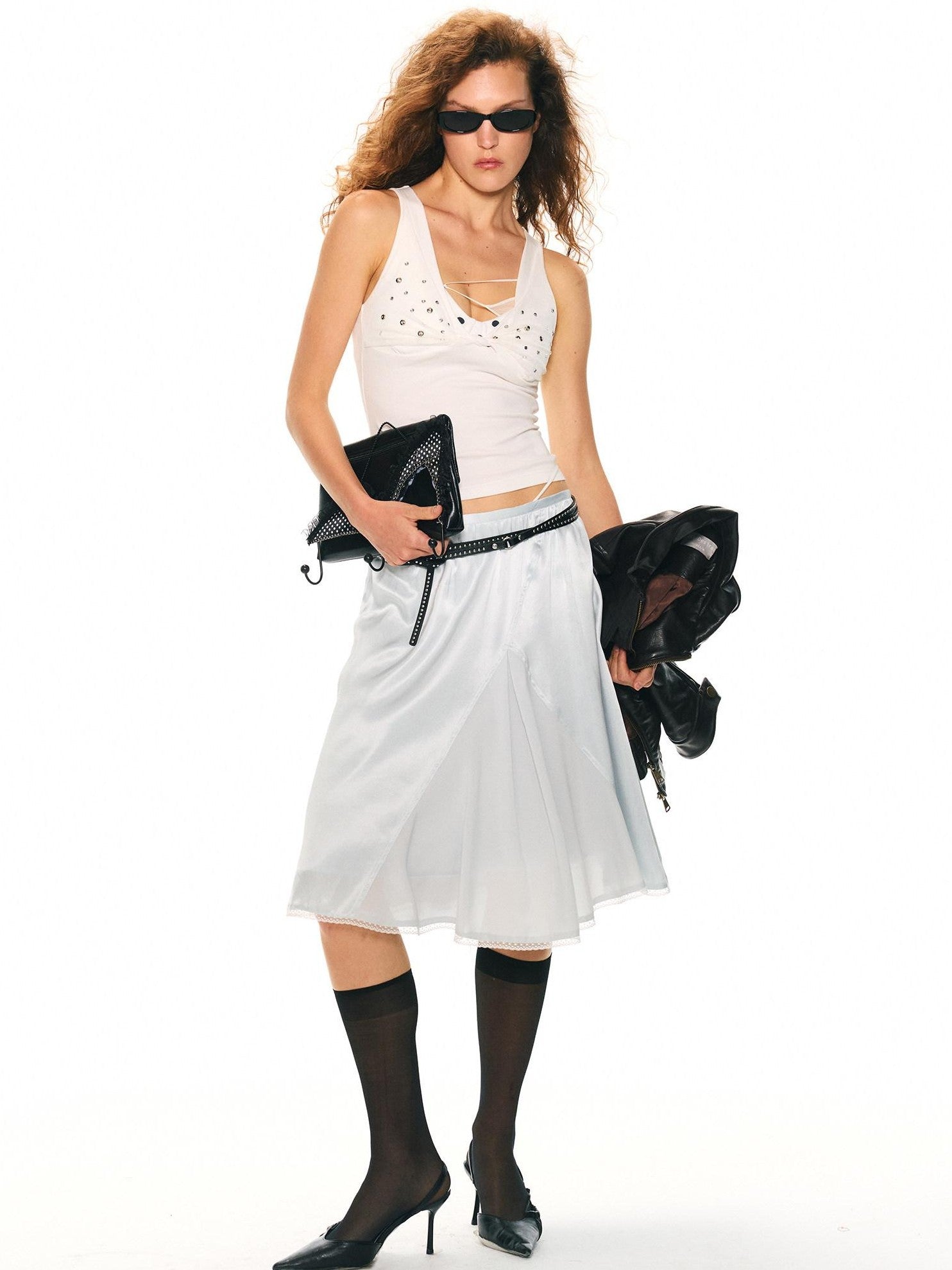 2th Desire Blue Lace Embroidered Spliced High Waist A Line Women&