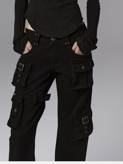 Low pixel Dark Gothic Flared Mid Rise Pocketed Cotton Zip Fly Women Black Cargo Pants