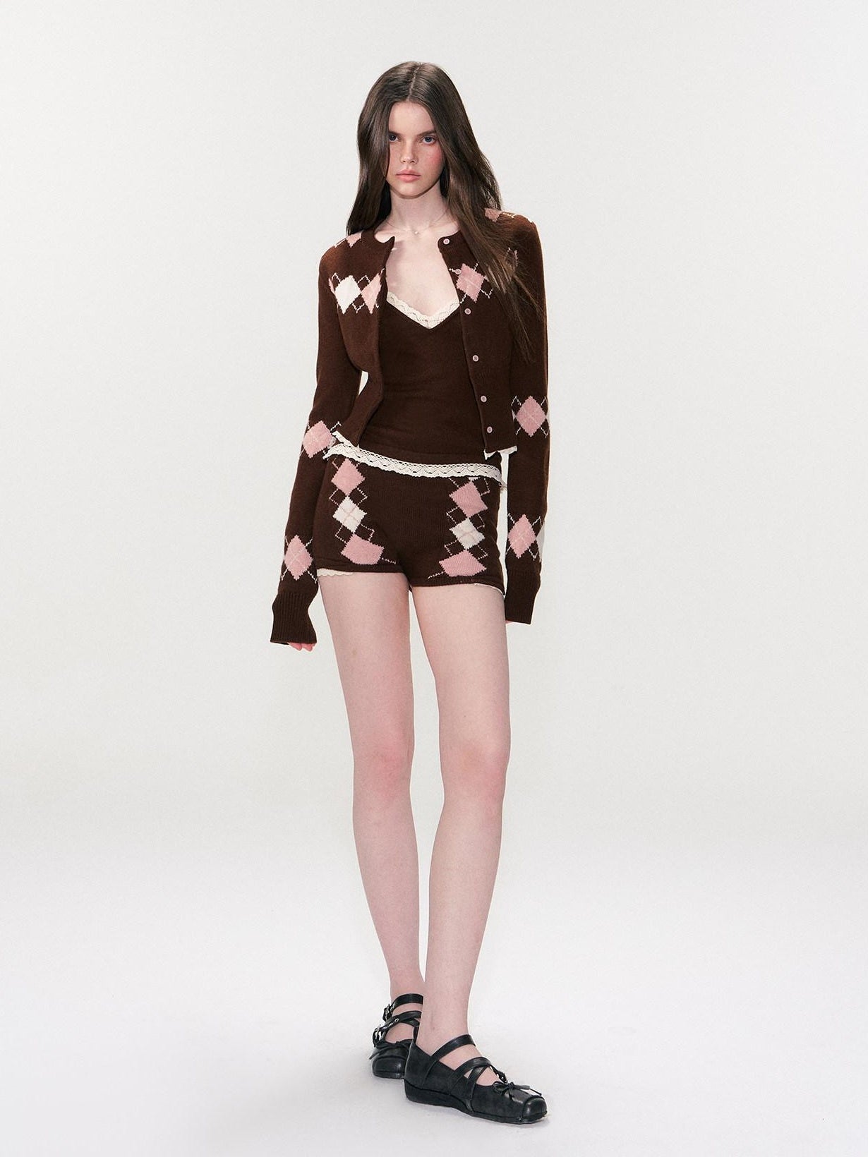 The NeverMore Cashmere Blend Sexy Argyle Button Cardigan Shorts Women Top &amp; Shorts Sets