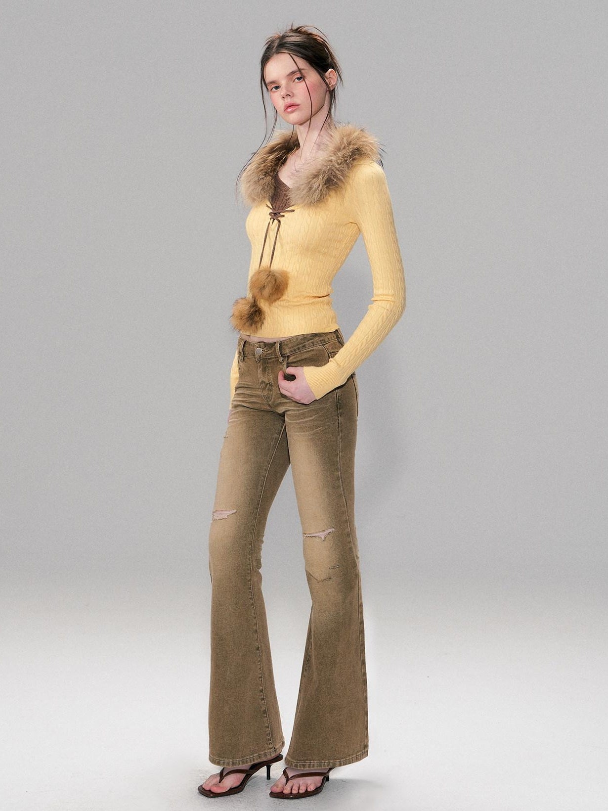 The NeverMore Viscose Blend Slim Fit Faux Layered Cropped Knit Pullover Girls Yellow Sweaters