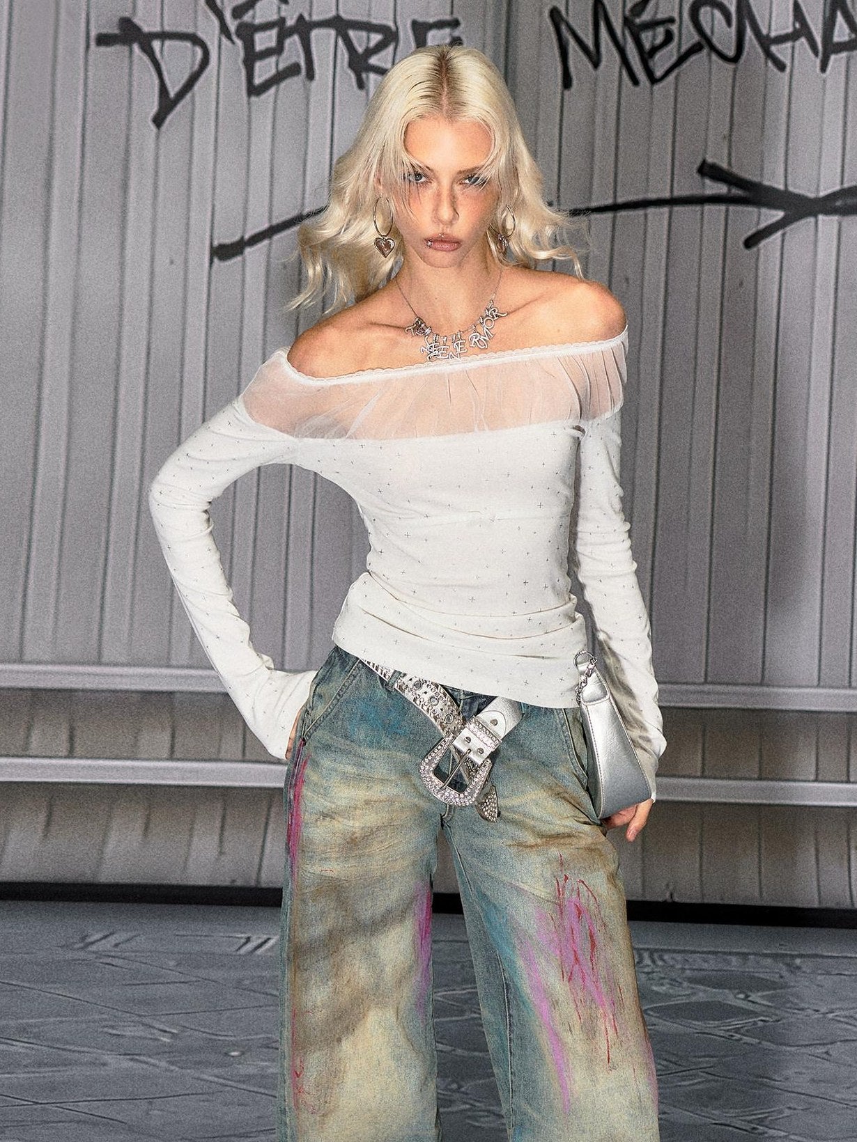 The NeverMore Mesh Splice Casual Slim Fit Bardot Neckline Women White Long Sleeve Crop Tops