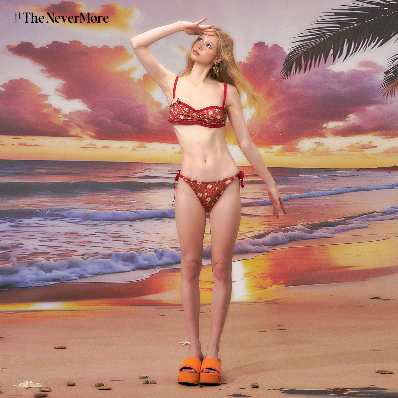 The_NeverMore_Red_Ruffled_Layered_Skirt_Shorts_Casual_Polyester_Two_Piece_Women_Bikini_MISSTT