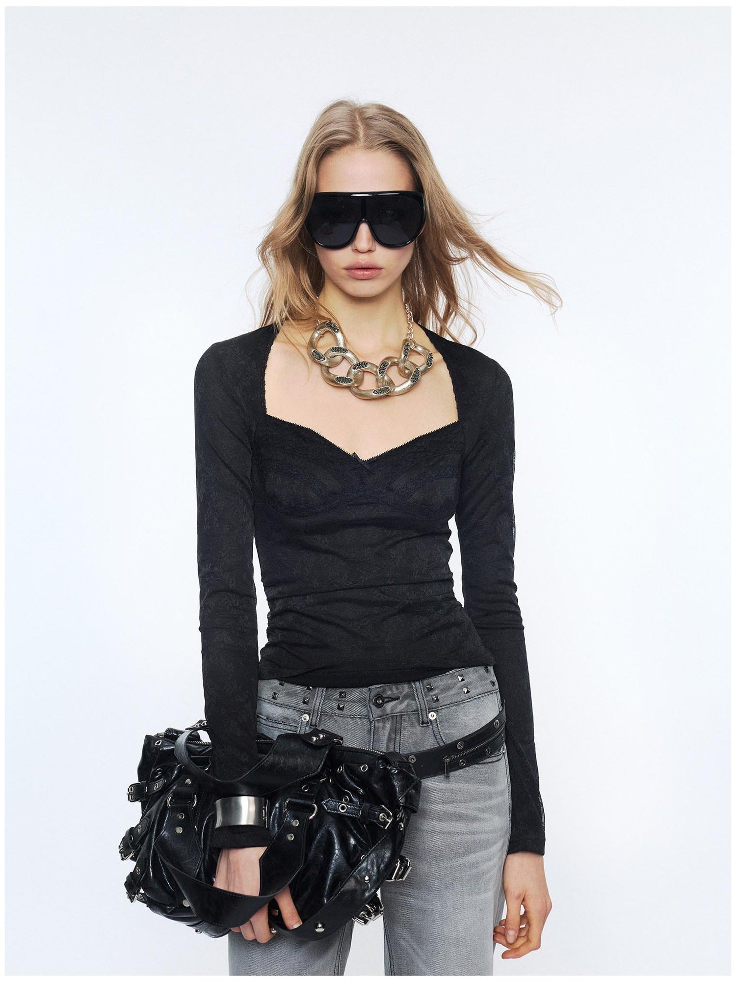 2th Desire Sexy Nylon Slim Vneck Cropped Butterfly Bow Black Long Sleeve T-Shirts