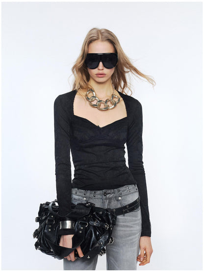 2th Desire Sexy Nylon Slim Vneck Cropped Butterfly Bow Black Long Sleeve T-Shirts