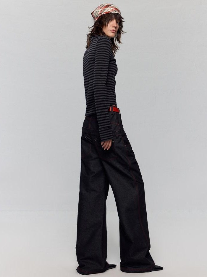 RUN TO THE FUTURE Low Rise Colorblock Loose Fit Zip Fly Black Denim Stretch Wide-Leg Jeans