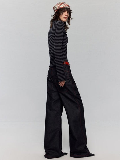 RUN TO THE FUTURE Low Rise Colorblock Loose Fit Zip Fly Black Denim Stretch Wide-Leg Jeans