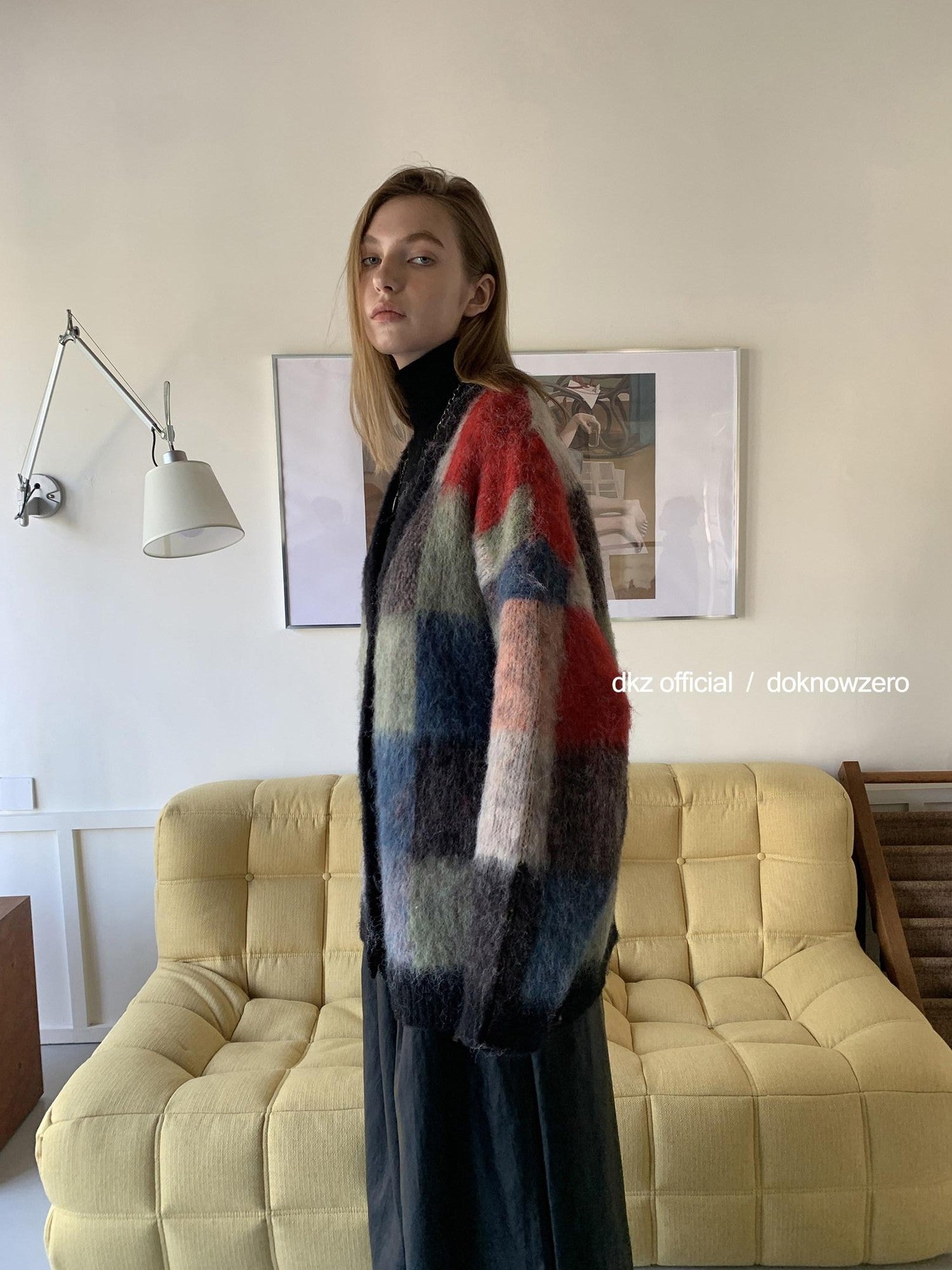 DKZ OFFICIAL Retro Colorful Plaid Knit Buttoned Loose Women&