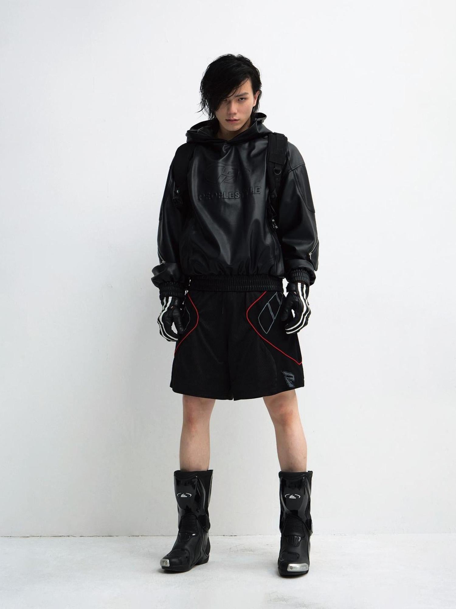Peoplesense 3D Embossed PU Leather Hooded Unisex Jacket