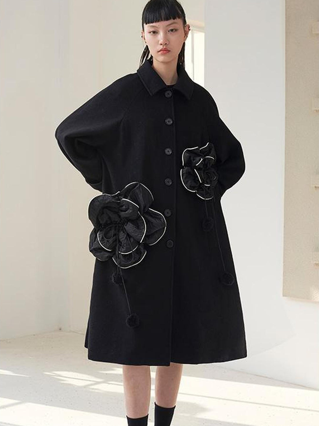 DIDDI MODA 3D Floral A Line Wool Coat