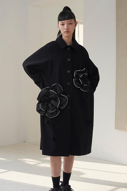 DIDDI MODA 3D Floral A Line Wool Coat