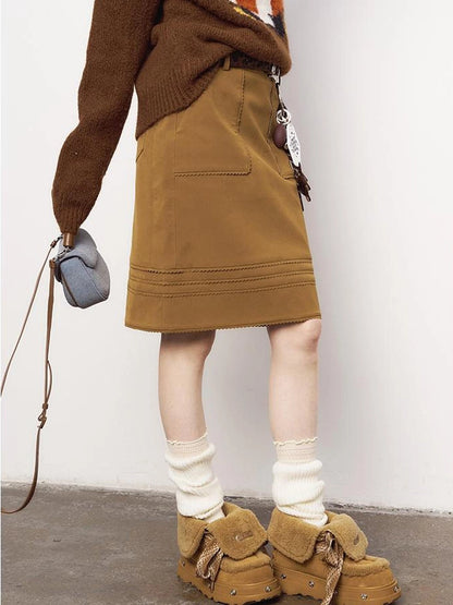 3D Wave Hem Suede Skirt With Pockets