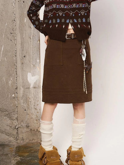 3D Wave Hem Suede Skirt With Pockets