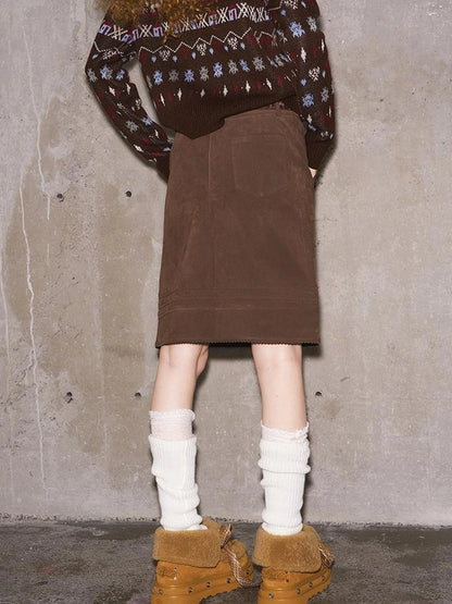 3D Wave Hem Suede Skirt With Pockets