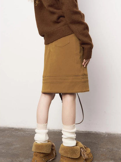 3D Wave Hem Suede Skirt With Pockets