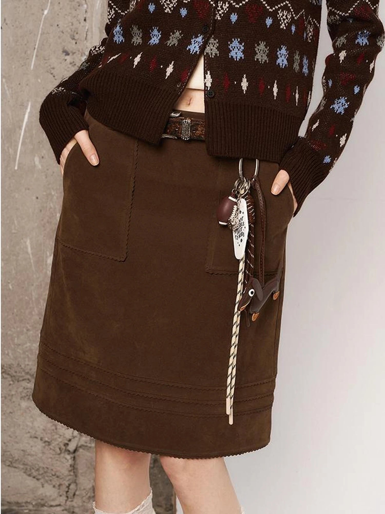 3D Wave Hem Suede Skirt With Pockets