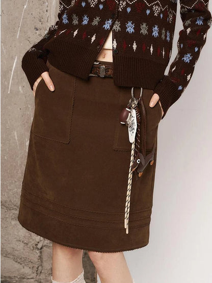 3D Wave Hem Suede Skirt With Pockets