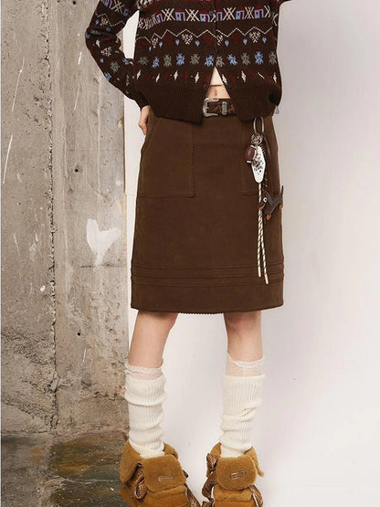 3D Wave Hem Suede Skirt With Pockets