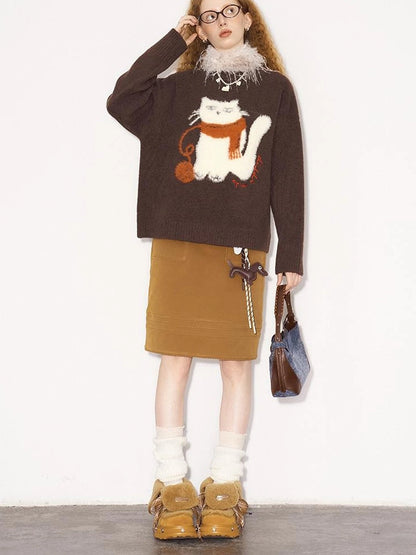 3D Wave Hem Suede Skirt With Pockets