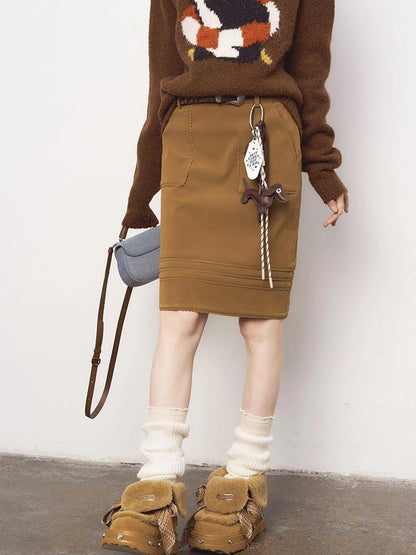 3D Wave Hem Suede Skirt With Pockets