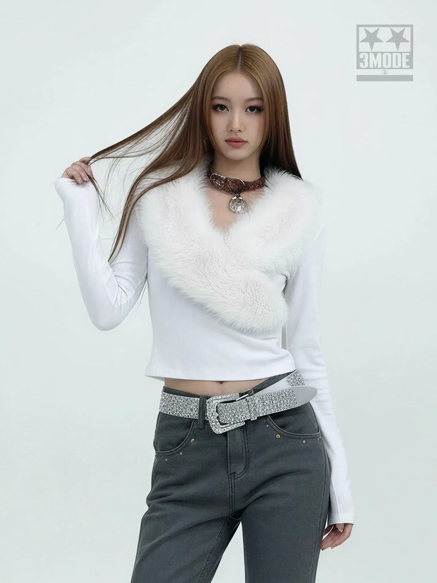 3MODE American Fur Collar V-neck Slim Women&