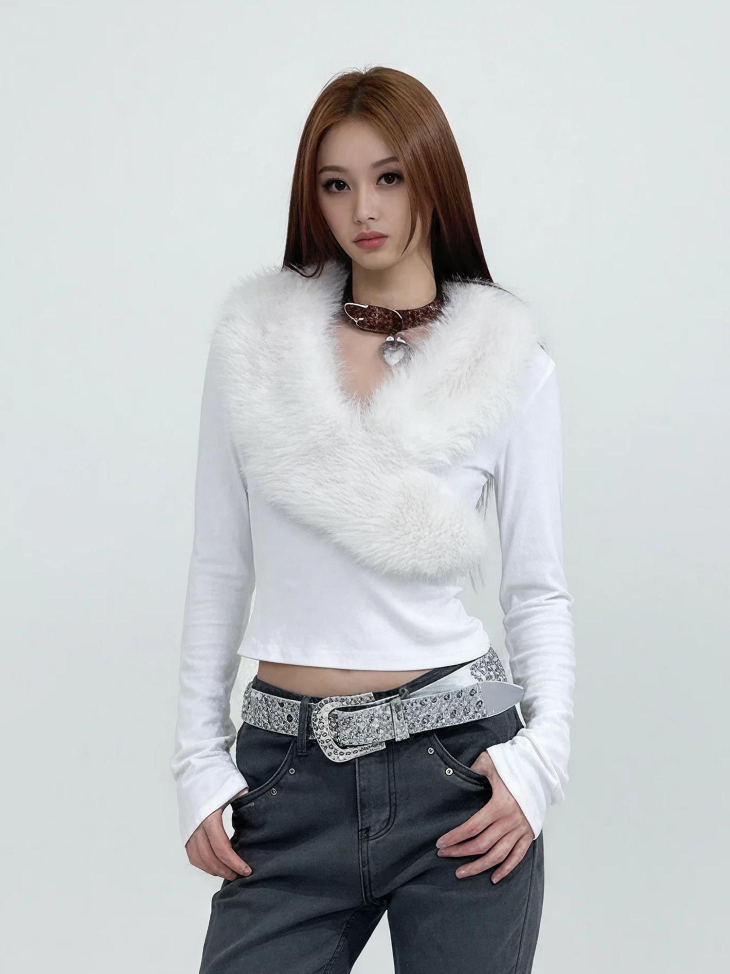 3MODE American Fur Collar V-neck Slim Women&