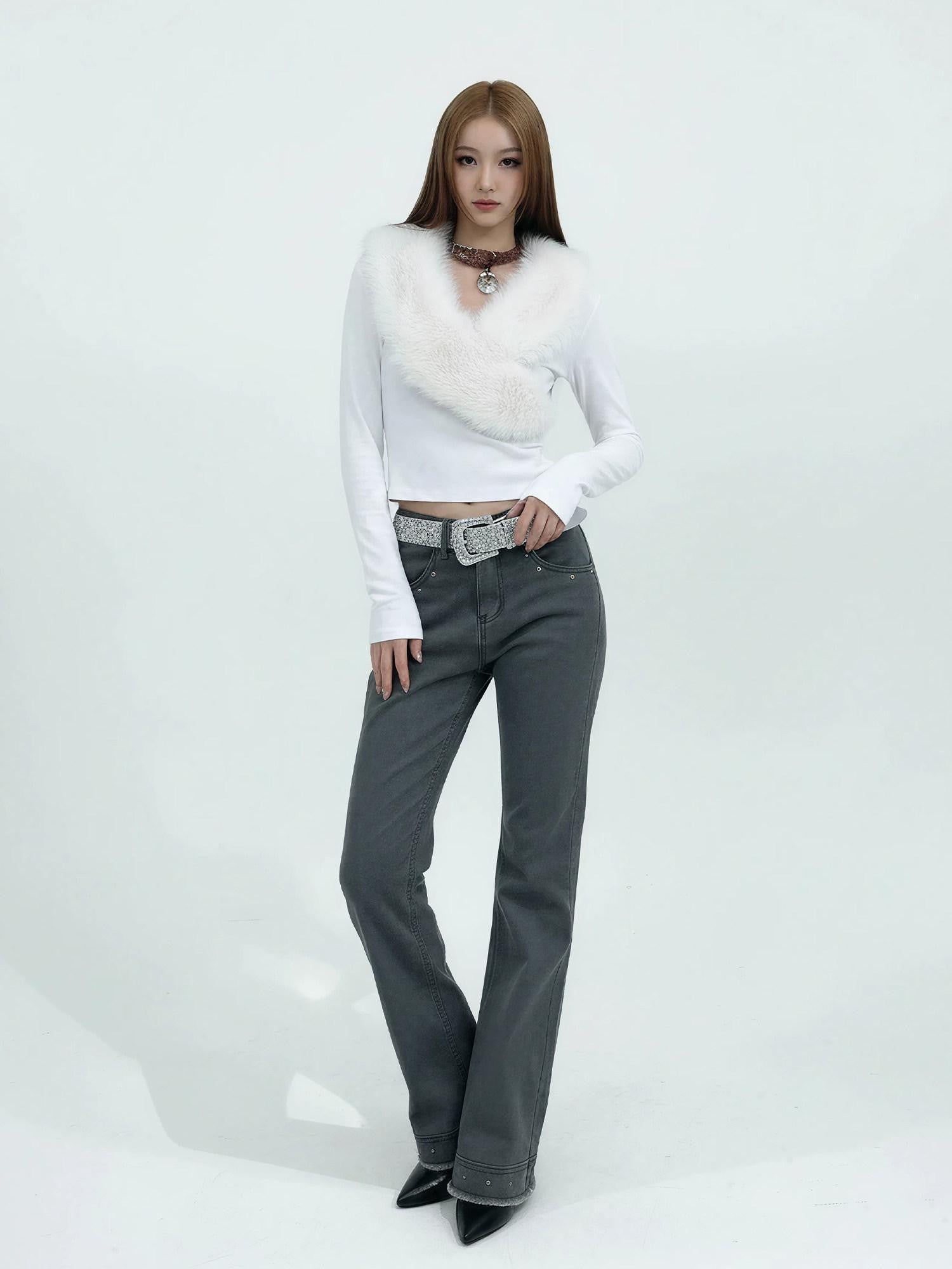 3MODE American Fur Collar V-neck Slim Women&