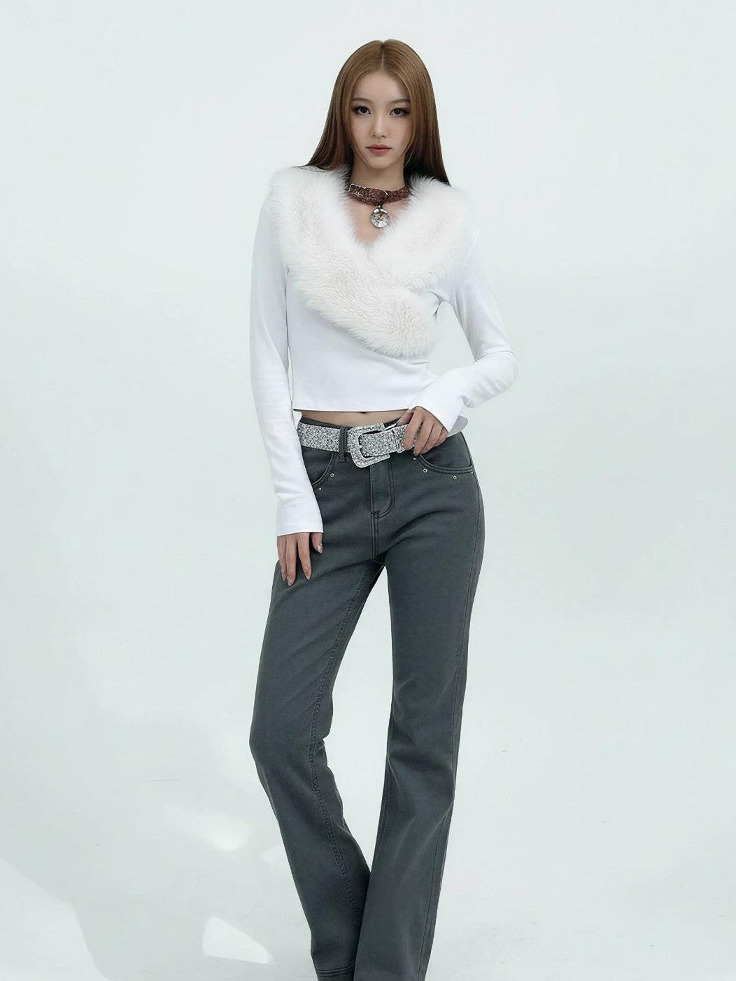 3MODE American Fur Collar V-neck Slim Women&