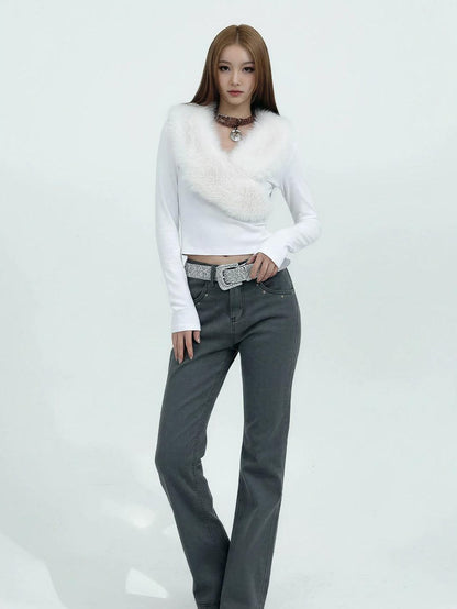 3MODE American Fur Collar V-neck Slim Women&