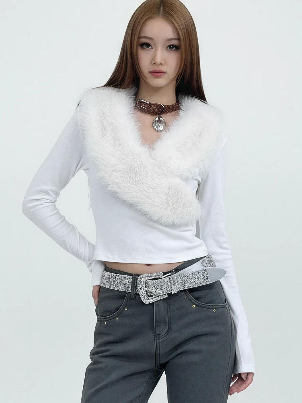 3MODE American Fur Collar V-neck Slim Women&